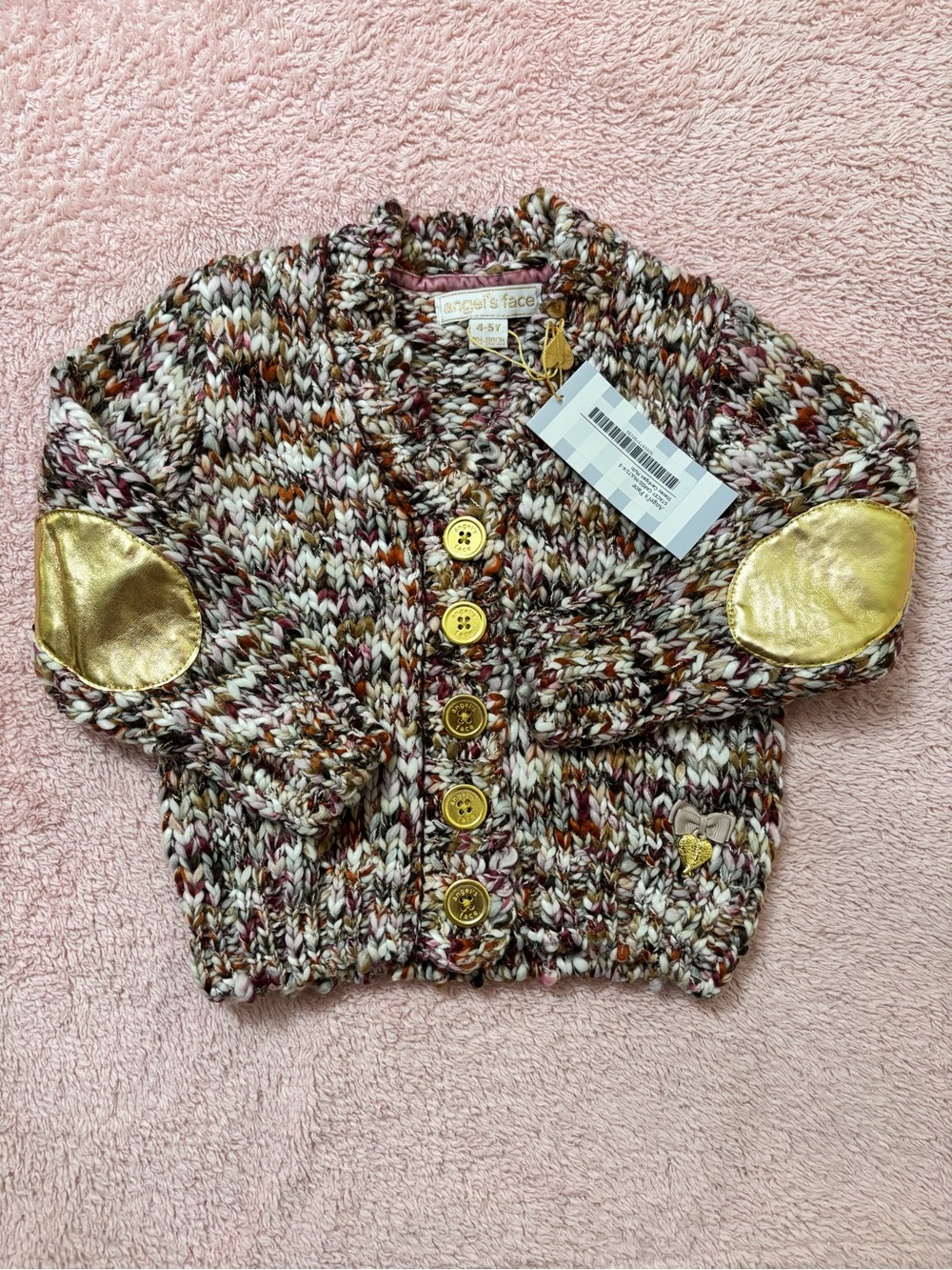 Angel’s Face Multicolor Knit Cardigan with Gold Elbow Patches - Kids